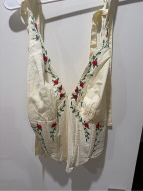 LPA Cream Embroidered Tie-Shoulder Camisole with Red Floral Detail